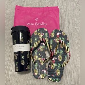 Vera Bradley Flip-Flops (M), Travel Mug In Toucan Party, And VB Reusable Bag